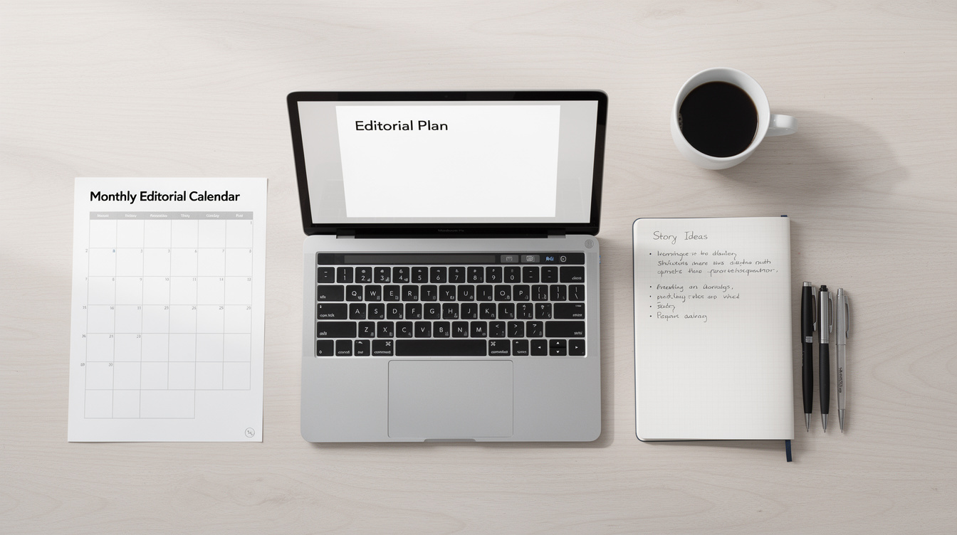 Vue du dessus d'un bureau de rédaction avec ordinateur portable, calendrier éditorial et carnet de notes