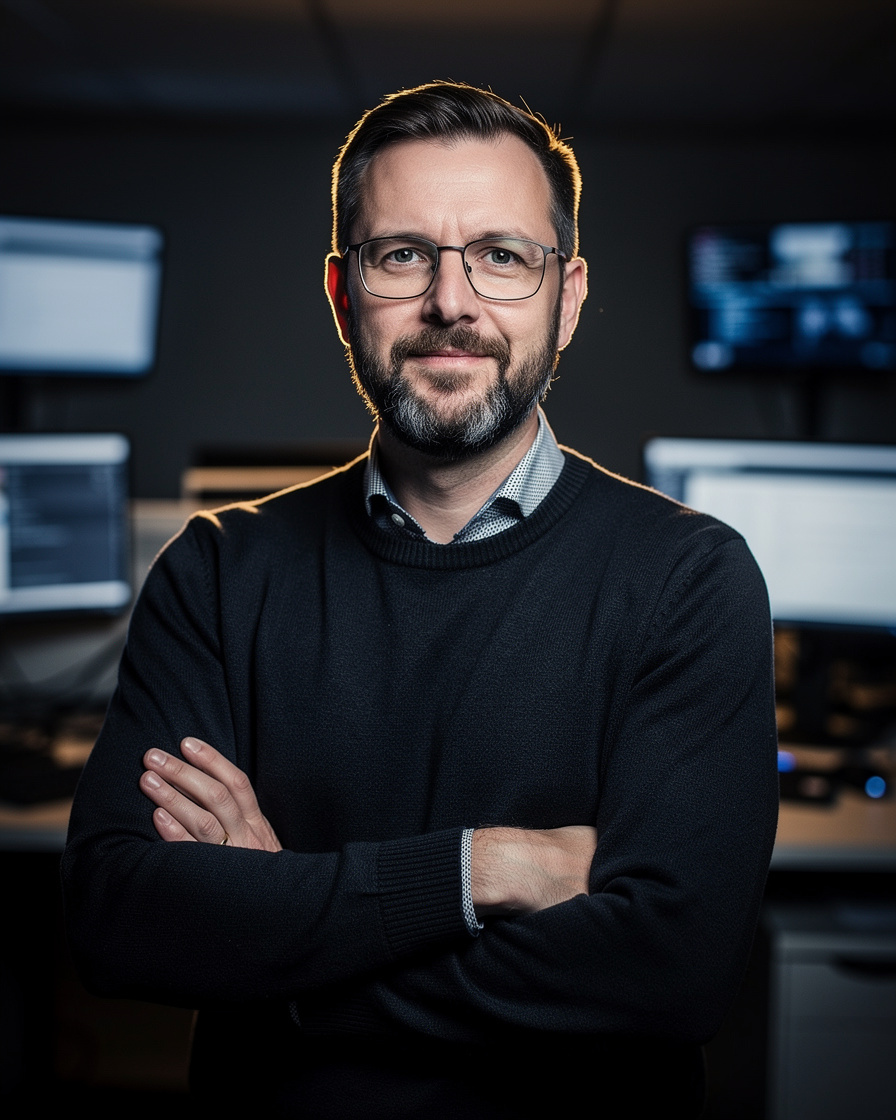 Portrait d'un rédacteur en chef concentré dans une salle de rédaction sombre
