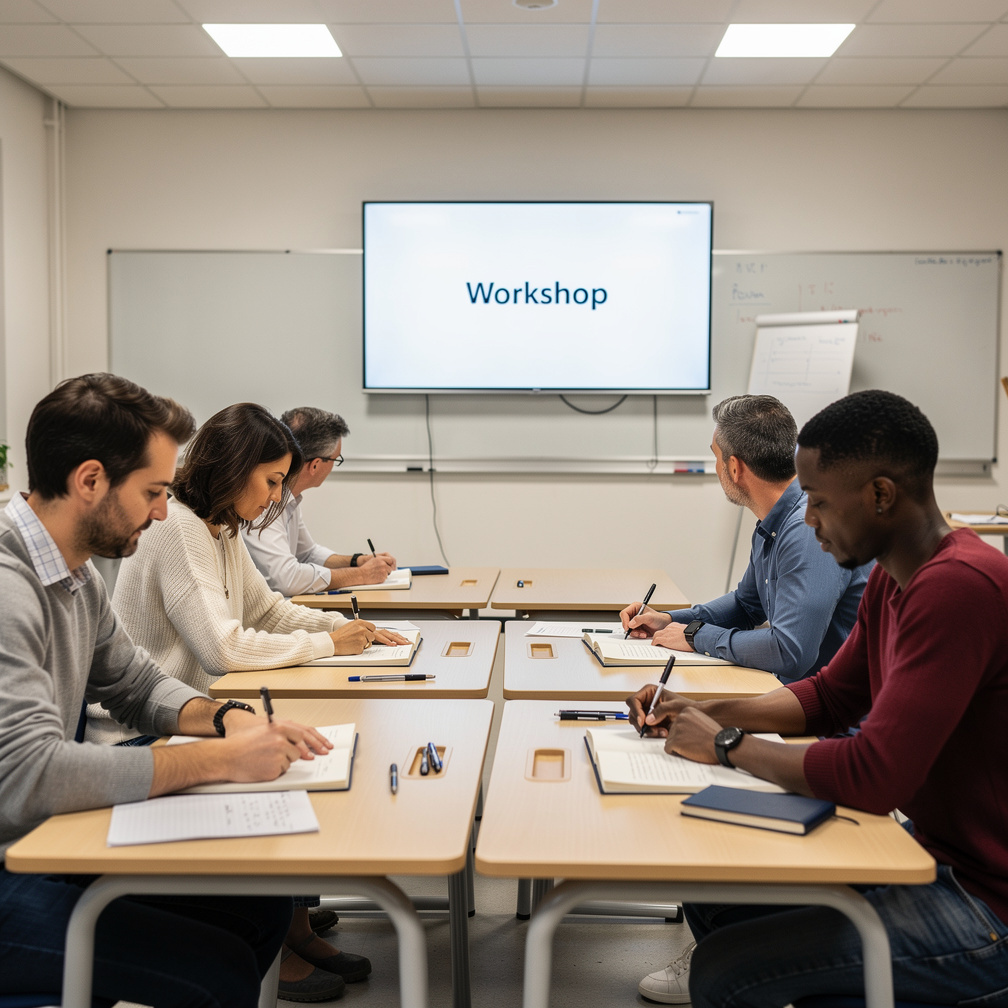 Groupe de participants en atelier d'écriture prenant des notes